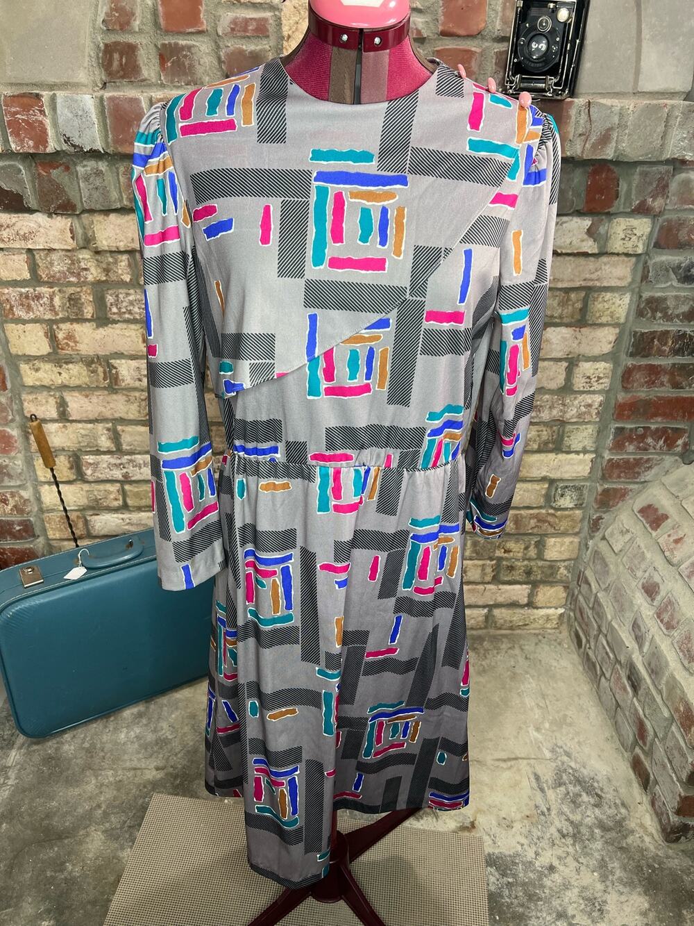 Shirt dress 1980s geometric jewel tones gray purple blue